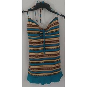 Cupshe Halter Stripes Blue Tan Brown Ruffle Bottom One Piece Swimsuit Size 14